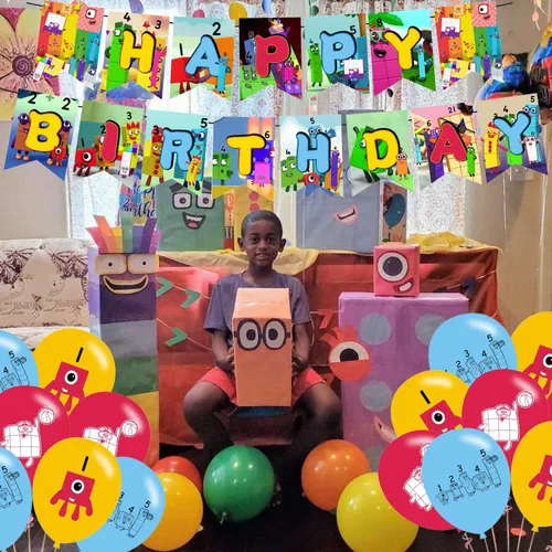 Vista 6 de Numberblocks Decoración de fiesta de cumpleaños, pancarta de cumpleaños con temática de números, decoración de pastel, globos de látex para fiestas