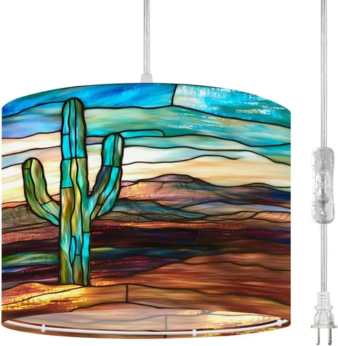 Vista 24 de Plug in Pendant Light Succulent Field Stained Glass Panel Hanging Lamp with Plug in Cord 16.4 ft Dimmable Hanging Light for Bedroom Kitchen Island
