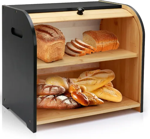 Panera para Encimera de Cocina, Contenedor de Almacenamiento de Pan de Bambú de Doble Capa para Pan Casero, Panera con Tapa Enrollable con 3 Alturas