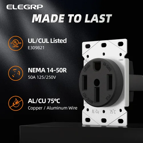 Vista 3 de ELEGRP Receptáculo de estufa de horno de 50 amperios 125/250 V, toma de corriente de montaje empotrado, NEMA 14-50R, receptáculo de rango resistente