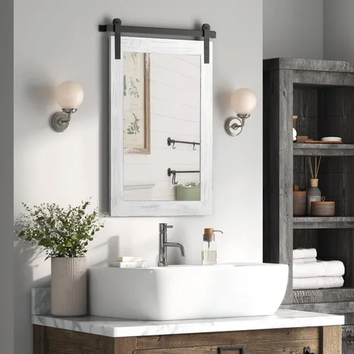 Vista 67 de COGOOD Espejo de puerta de granero de granja, 25 x 18 pulgadas, espejo decrativo con marco de madera rústica para baño, sala de estar, decoración