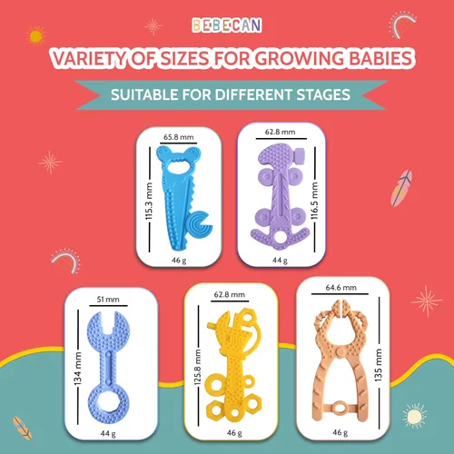 Vista 5 de Herramientas de dentición para bebé: 5 juguetes de dentición de silicona de grado alimenticio de alta calidad, 2 correas para seguridad y bolsa