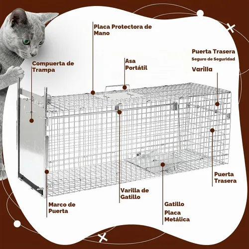Vista 4 de Jaula de trampa para animales vivos plegable de 37" Jaula de trampa de animales para mapaches, gatos callejeros, gatos pequeños y zorros pequeños