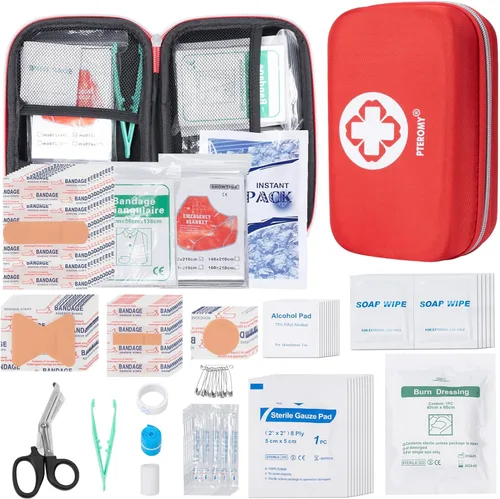 Vista 9 de PTEROMY Kit de primeros auxilios mini de 100 piezas, kits de emergencia portátiles pequeños y compactos para coche, viaje, hogar, camping, al aire