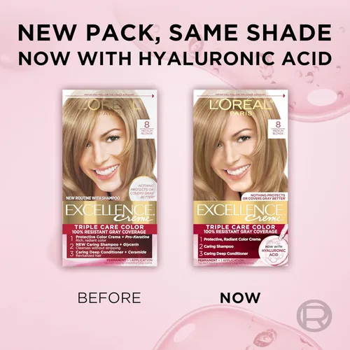 Vista 9 de L'Oreal Paris Excellence Creme - Coloración permanente para el cabello, rubio medio 8, 100 % de cobertura de canas, paquete de 2