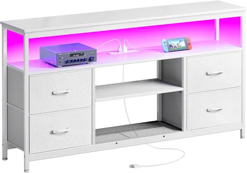 Vista 17 de Huuger - Soporte de TV de 47 pulgadas con tomacorrientes y luces LED, cómoda de tela para dormitorio con almacenamiento, centro de entretenimiento