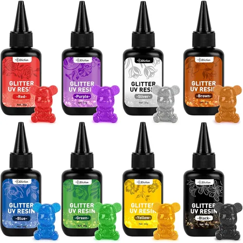 JDiction Resina UV de color con purpurina, resina UV metálica de 8 colores con efecto brillante, kit de resinas de purpurina dura para fabricación
