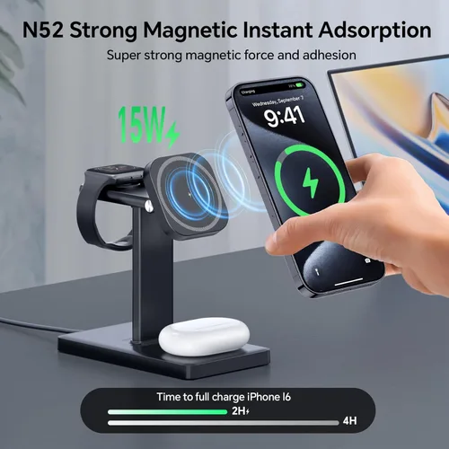 Vista 5 de Soporte de cargador inalámbrico 3 en 1 para iPhone, Apple Watch y AirPods, estación de carga magnética para múltiples dispositivos Apple