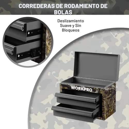 Vista 3 de WORKPRO Caja de herramientas mini de metal, cajón superior que contiene dos cajones con guías de rodamientos de bolas, forros de cajones de PVC
