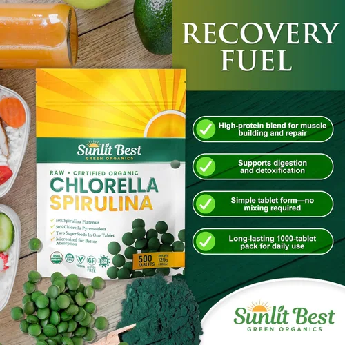 Vista 4 de Sunlit Best Chlorella Spirulina Tablets – Organic USDA, Premium Spirulinas y Chlorella Cápsulas 500 píldoras – Chlorellas Natural Superalimento