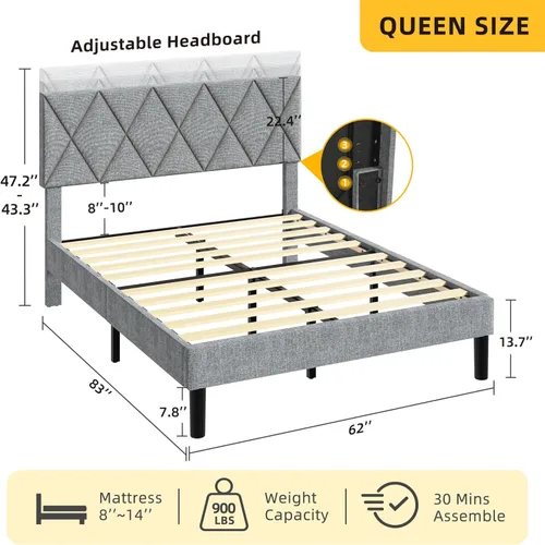 Vista 2 de DWVO Base de cama Queen con cabecera ajustable, plataforma tapizada de 14 pulgadas con soporte de listones de madera resistente, soporta hasta 1000