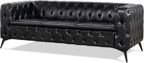 Vista 9 de Sofás negros para sala de estar, moderno sofá Chesterfield copetudo, asiento profundo, cómodo sofá de piel sintética, brazos enrollados plisados