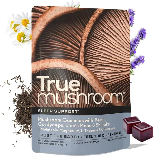 TrueMushroom - Suplemento de gomitas de hongos para apoyar el sueño con melatonina para dormir y relajarse con melena de león, Cordyceps, Reishi,