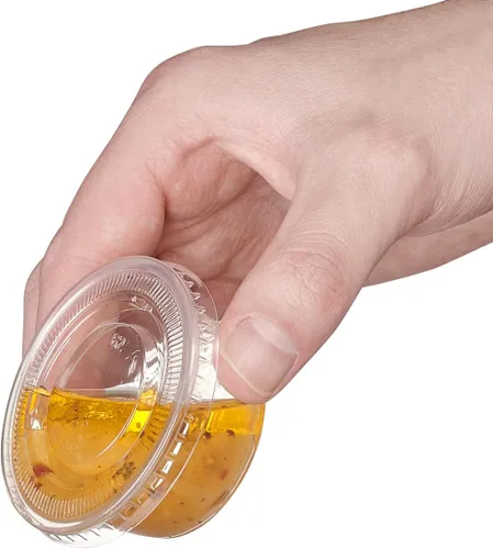 Vista 3 de GUSTO [2 oz.-100] Unidades Vasos de Plástico Desechables Transparentes para Porciones con Tapas - Vasos de Soufflé, Vasos para Shots de Gelatina