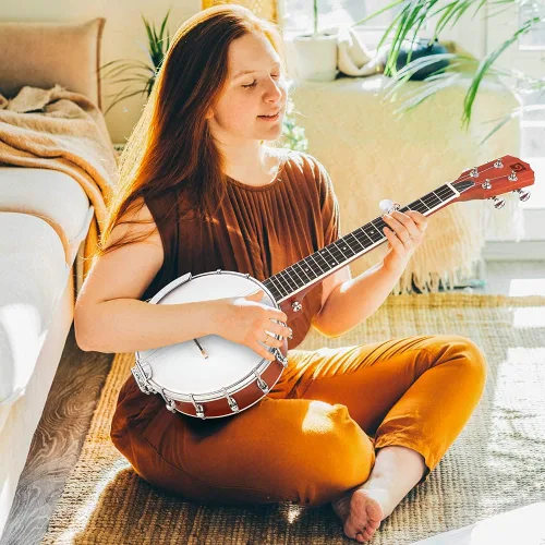 Vista 8 de Vangoa Banjo de 5 cuerdas de 26 pulgadas, mini kit de banjo de viaje para principiantes con cabeza Remo, espalda abierta y espalda sólida cerrada