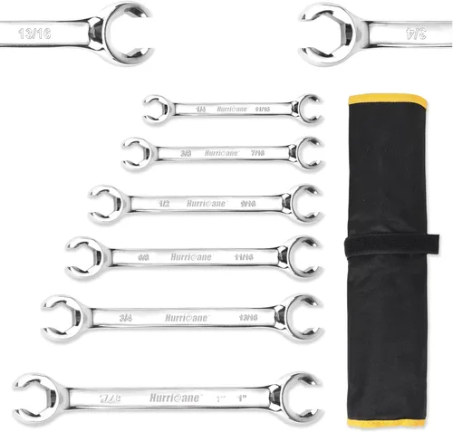 HURRICANE Flare Nut Wrench Set, SAE 6 piece Brake Line Wrench Set, Size from 1/4 to 1 inch, 15 degree Offset Double Open End with Organizer Pouch,