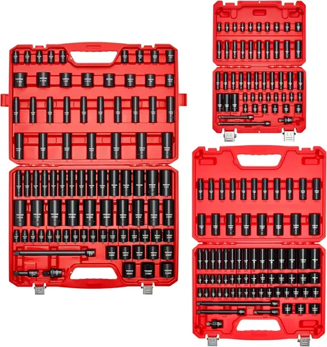 VEVOR Juego de llaves de impacto de 1/4, 3/8 y 1/2 pulgadas, 210 piezas métricas y estándar completas, profundo y poco profundo, CR-V, 6 puntos,