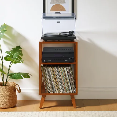 Vista 8 de Crosley Furniture Asheville Mid-Century Modern Media Console - Soporte para tocadiscos, almacenamiento para discos de vinilo, nogal