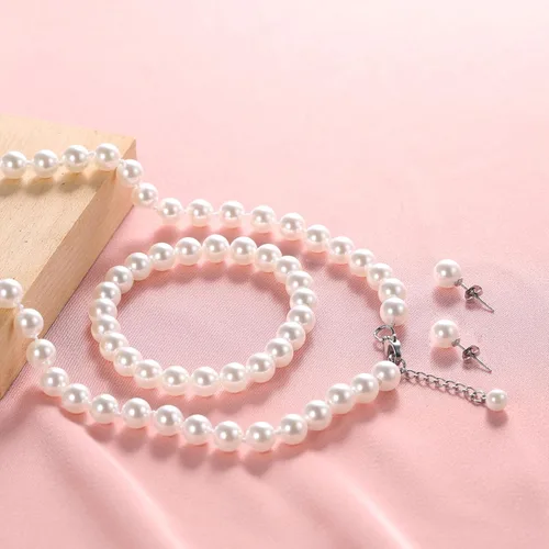 Vista 4 de Collar de perlas de imitación de cristal anudado a mano de 0.315 pulgadas, color blanco, 3 unidades para mujeres y niñas