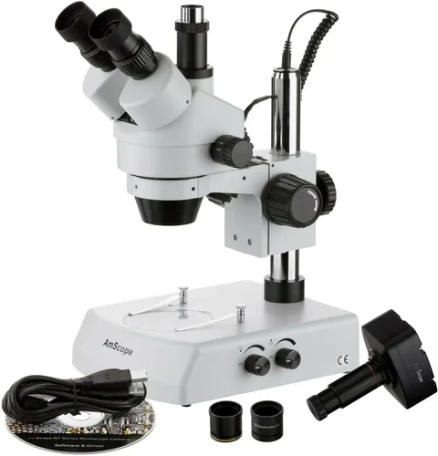 Vista 7 de AmScope SM-2TZ Microscopio de zoom estéreo trinocular profesional, ocular WH10x, aumento de 3.5X-90X, objetivo de zoom 0.7X-4.5X, iluminación