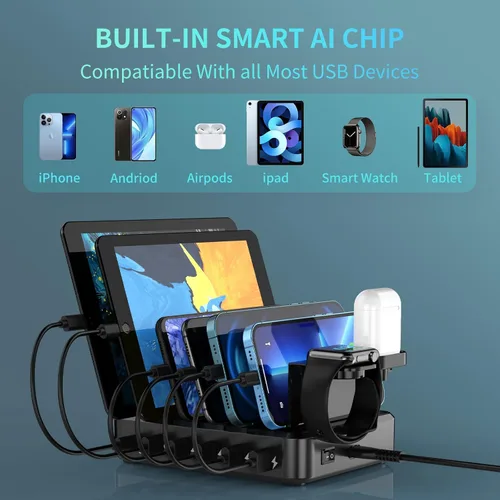 Vista 4 de Charging Station for Multiple Devices,68W 6 Ports USB Charger Station with 20W PD USB-C Fast Charging,8 Short Charging Cables Included,Compatible