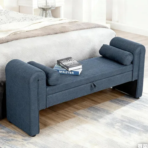 Vista 19 de Banco de almacenamiento al final de la cama para dormitorio, banco de almacenamiento de terciopelo tamaño King de 65" con 2 almohadas, banco sofá