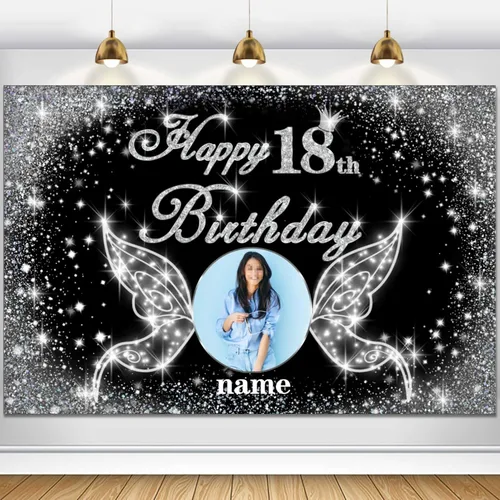 Vista 23 de Cartel personalizado de decoración de fiesta de cumpleaños número 100 - tema de alas de ángel - negro y plateado HY-NLK-100º