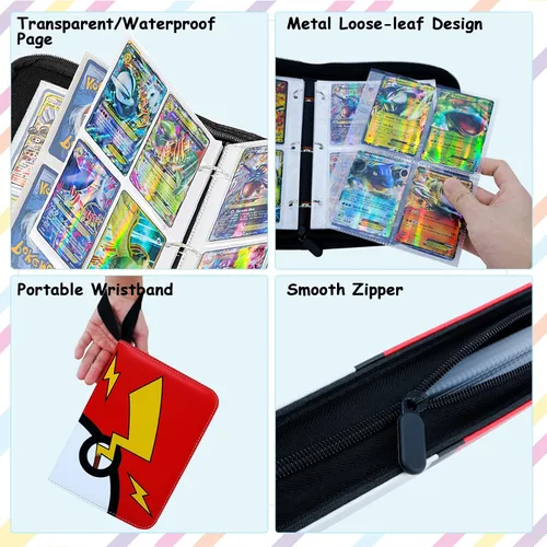 Vista 4 de Pempar Carpeta para tarjetas, 4 bolsillos, 400 bolsillos, para juegos de cartas, con cremallera, colección con fundas (rayo)