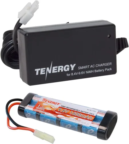 Tenergy Airsoft Batería de 9.6 V 1600 mAh NiMH Flat Batería y cargador con mini conector Tamiya compatible con MP5, Scar, M249, M240B, M60, G36,