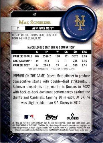 Vista 2 de 2022 TOPPS GOLD LABEL CLASS 1#47 MAX SCHERZER NEW YORK METS BASEBALL OFFICIAL TRADING CARD OF MLB