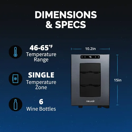 Vista 10 de NewAir Refrigerador de vino de 10 pulgadas para 6 botellas Refrigerador de vino independiente con puerta de vidrio Almacenamiento compacto