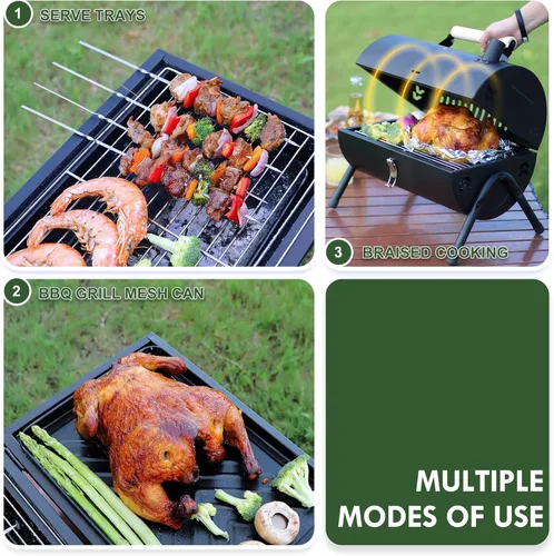 Vista 4 de Parrilla de carbón portátil plegable de doble cara + red de sartén para barbacoa+6 herramientas para acampar al aire libre, barbacoa, parrilla, Negro