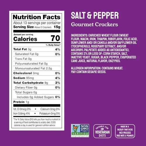 Vista 2 de Milton's Gourmet Crackers, Sal y Pimienta - Verificado por el Proyecto No-GMO, Ingredientes Naturales, Kosher, Excelente para Tablas de Charcutería