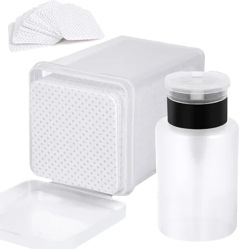 Vista 10 de 200 almohadillas de algodón para uñas, 1 botella dispensadora de bomba extraíble, toallitas de pegamento para pestañas suaves no tejidas, Rosa