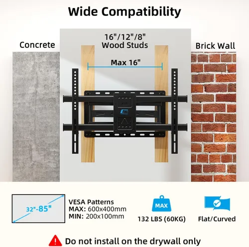 Vista 2 de HOME VISION - Soporte de pared para TV de movimiento completo para televisores de 32 a 85 pulgadas de hasta 59.8 kg, compatible con pernos de madera