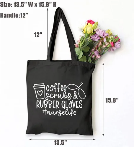 Vista 4 de TSIIUO Exfoliantes de café y guantes de goma para mujer, bolsa de lona divertida para enfermera, bolsa de compras reutilizable Negro