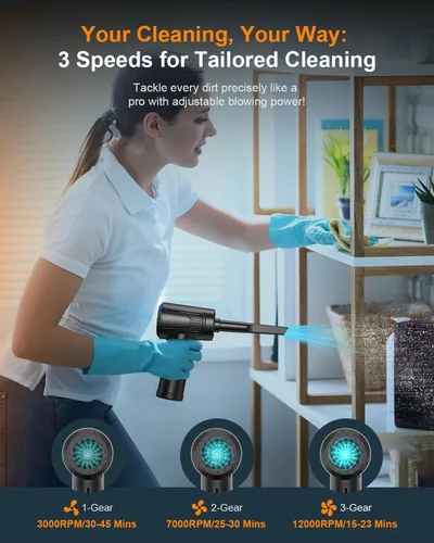 Vista 4 de Plumero de aire comprimido 11 en 1, 3 engranajes, ajustable, 120000 rpm, plumero eléctrico con luz LED, reutilizable, limpiador de teclado sin