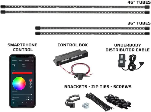 Vista 2 de LEDGlow, 4 unidades. Kit de iluminación LED para carrocería de autos, millones de colores SMD, con control para celular mediante Bluetooth