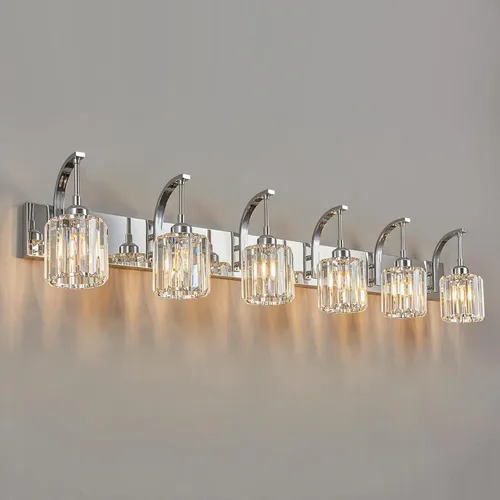 Vista 66 de Lámpara de tocador de cristal de 4 luces, aplique de pared de baño cromado moderno con pantallas de cristal K9, 32.67" de largo, iluminación sobre