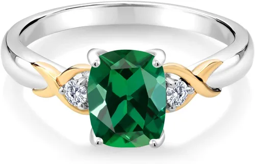 Vista 3 de Gem Stone King 925 Silver and 10K Yellow Gold 8X6MM Cushion Cut Gemstone Birthstone and 2MM White Lab Grown Diamond 3-Stone Engagement Ring Wedding