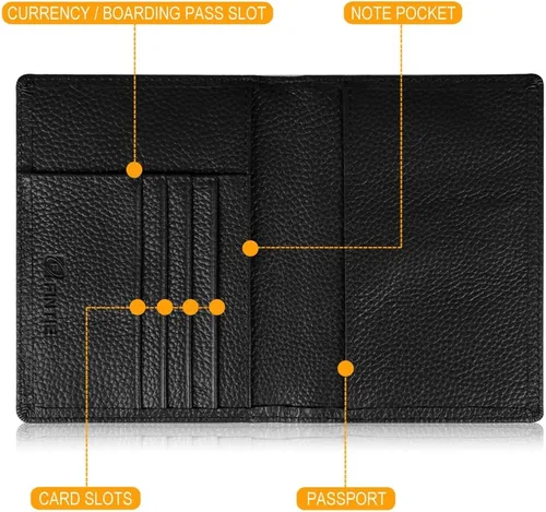 Vista 4 de Fintie Soporte para pasaporte, cartera de viaje delgada con bloqueo RFID, funda protectora para pasaporte, artículos esenciales de viaje con ranuras
