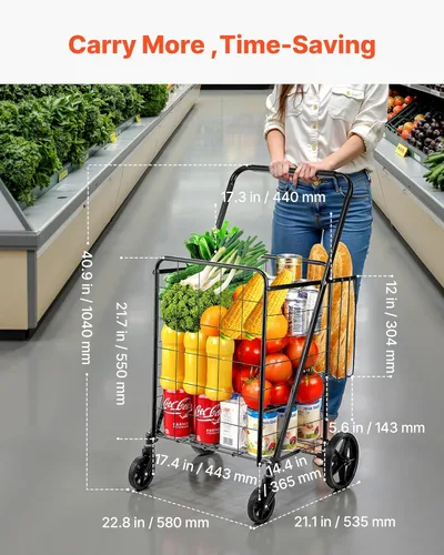 Vista 3 de VEVOR Carrito de compras plegable, carrito de comestibles jumbo con cestas dobles, ruedas giratorias de 360°, carrito utilitario resistente, carrito