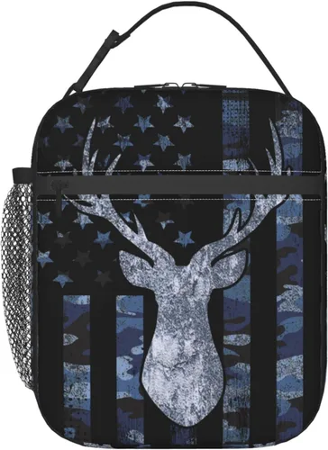 Vista 2 de Gianlaima Bolsa de almuerzo con diseño de camuflaje de camuflaje y bandera estadounidense, bolsa de almuerzo aislada portátil, reutilizable, bolsa