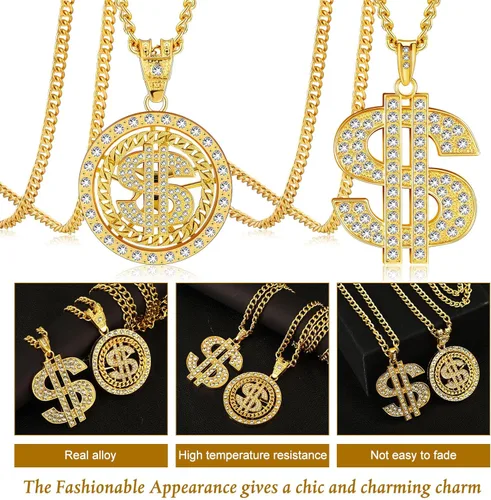 Vista 4 de Tatuo 2 Pieces Plated Chain for Men with Dollar Sign Pendant Necklace, Hip Hop Dollar Necklace
