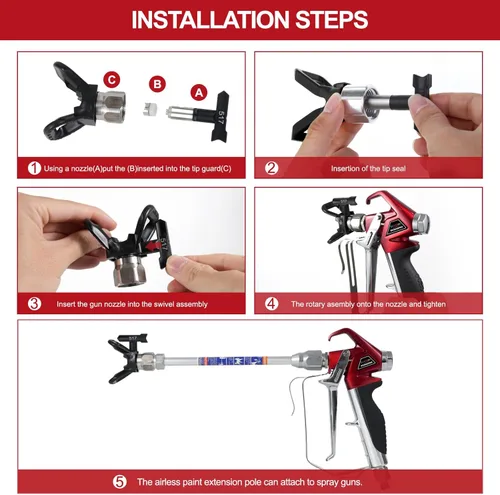 Vista 6 de DUSICHIN Pistola de pintura sin aire de alta presión 3600 PSI reversible 517 boquilla protector de punta de boquilla junta giratoria con poste