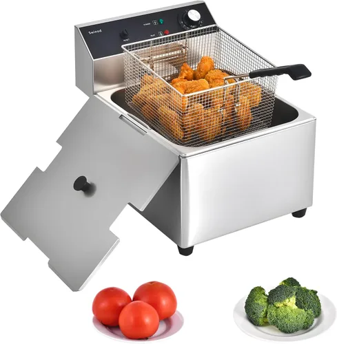 Vista 10 de Freidora comercial con canasta, 1700 W, 14 cuartos de galón, 0.024 in de grosor, freidora eléctrica de acero inoxidable para uso doméstico