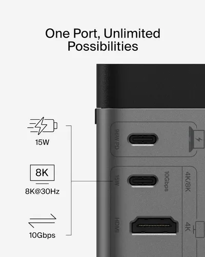 Vista 8 de Belkin Concentrador USB-C, 11 en 1 Pro GaN Dock 150W, estación de acoplamiento multipuerto con USB-C, USB-A, Ethernet, SD, MicroSD, puerto de 0.138