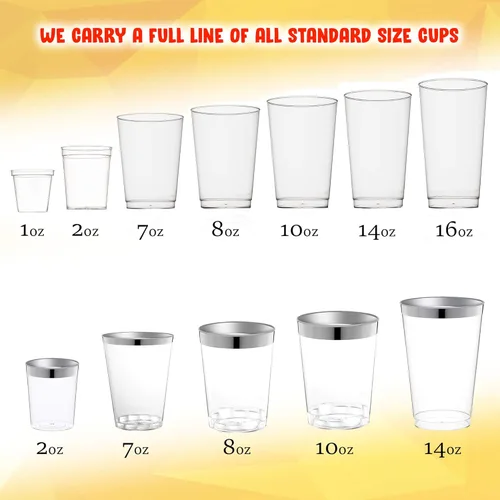 Vista 6 de Vasos de plástico plateados de 14 onzas, paquete de (30) vasos de plástico transparente desechables Vasos de borde plateado Vasos de plástico duro