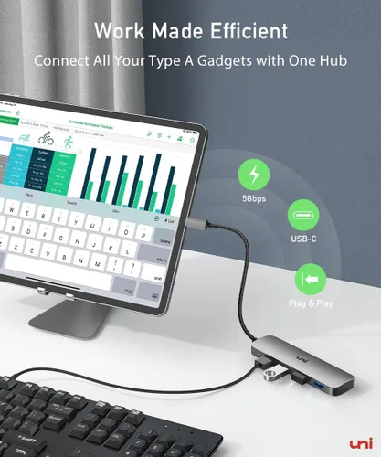 Vista 3 de uni Adaptador multipuerto USB C a USB Hub, divisor USB C de aluminio de 4 puertos para laptop, Hub USB de datos Thunderbolt 3/4 delgado compatible