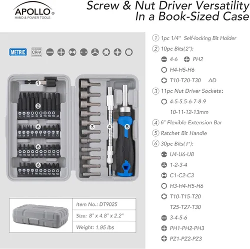 Vista 5 de Apollo Tools DT9025 - Juego de puntas de destornillador y tuercas de 54 piezas, mango de trinquete, extensión flexible, destornilladores de tuercas